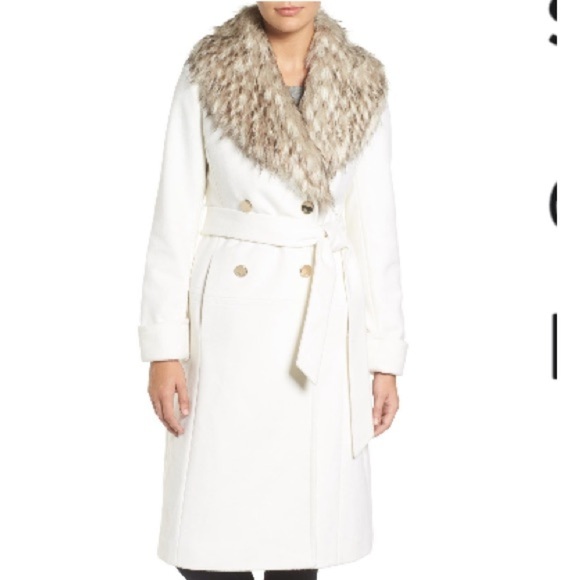 Eliza J. Faux Fur Collar Belted Wool Blend Long Coat in Ivory Size 6 - Picture 1 of 10